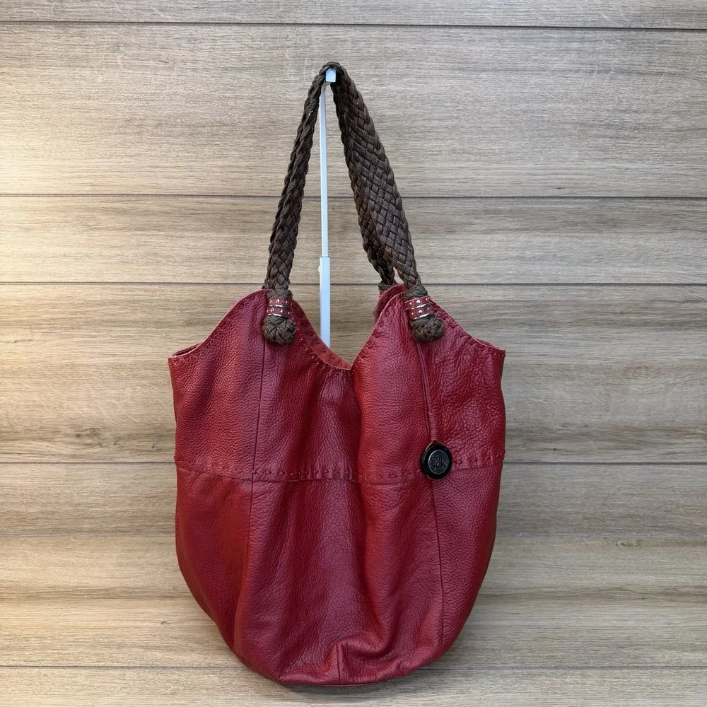 The Sak Womens Indio Hobo Handbag Red Leather Boho Braided Shoulder Tote Bag